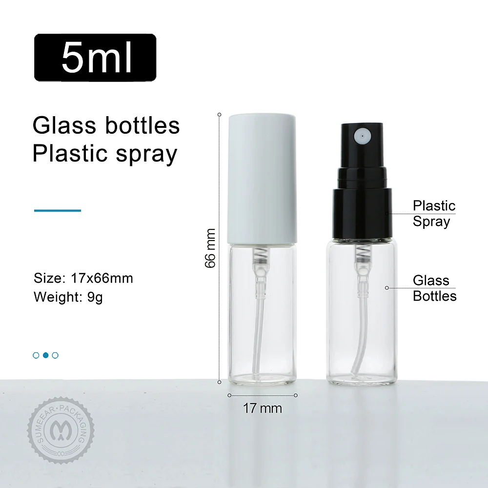 100 Pcs 5ml Glass Perfume Spray Bottles Refillable Atomizer Black and white plastic spray Empty Cosmetic Bottle Glass Vials