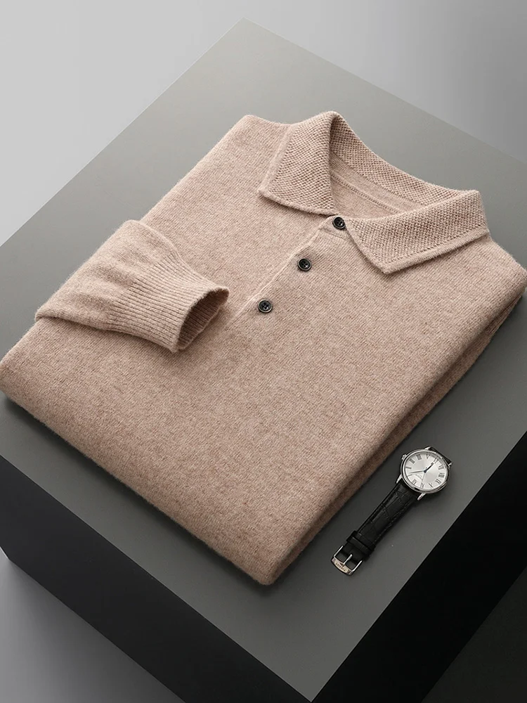 100% Australian Wool Men Lapel Pullover Long Sleeve POLO Neck Sweaters Loose Warm Tops Knitted High-quality Clothing
