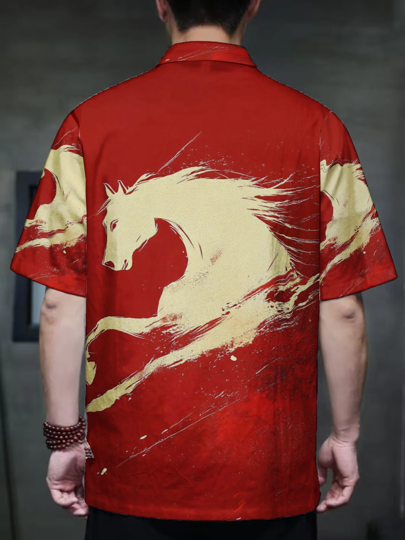 Mens Traditional Tang Top Galloping Horse Print Stand Collar Casual Blouse