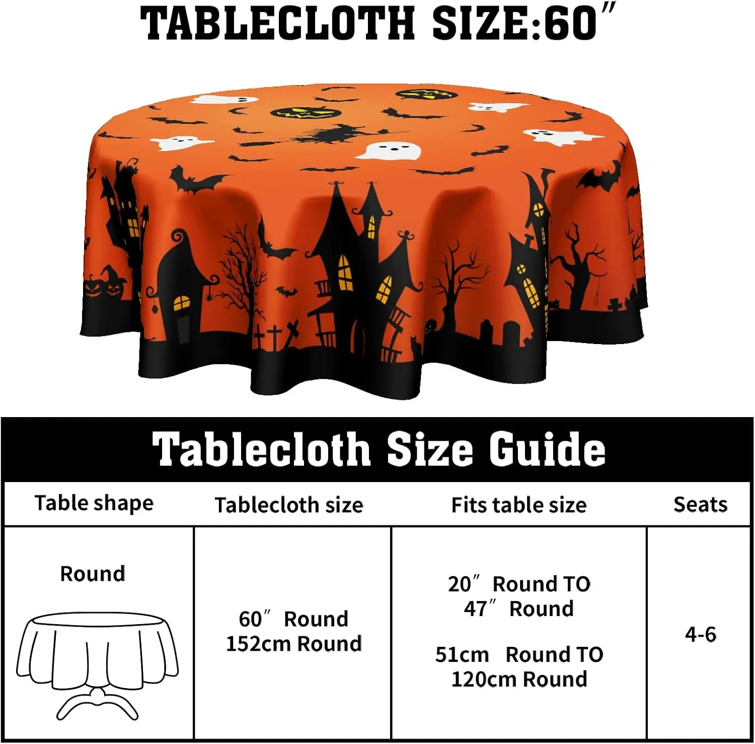 Halloween Tablecloth Round 60 Inch Pumpkin Ghost Spider Web Bat Castle Witch Orange Table Cloths Circular Table Cover Washable