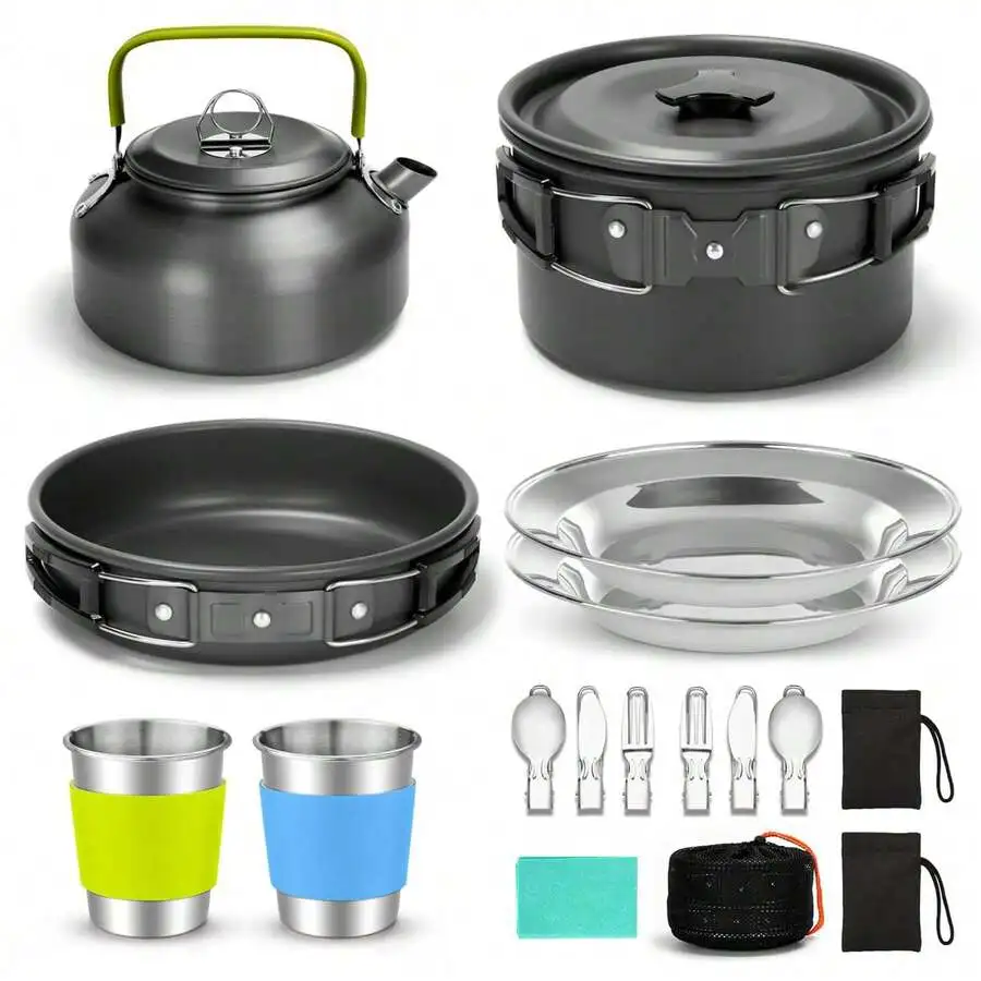 11pcs Portable Outdoor Cookware Set,Camping Picnic Tableware Cookset Cooking Kit Lightweight With Cups Plates Forks Knives Spoon