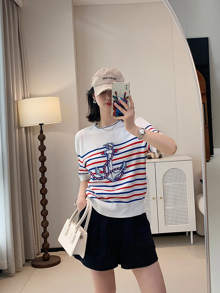 

Nautical Stripe Knit Top round Ne ort Sve Women's T-irt Casual Straight Fit Summer New Arrival by Su Jian Zhuo Ya