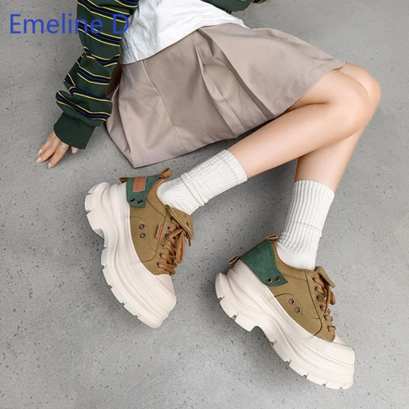 Unisex Hidden Height Platform Sneakers Canvas Upper Color Block Patchwork Lace Up 7cm Thick Trendy Casual Daily Couple Shoes