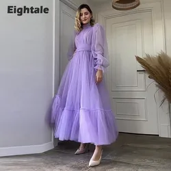 Eightale Ruffed Prom Dresses Arabic Customized Long Sleeves Pleat A-Line Tulle Evening Gown Party Dress vestidos para graduación