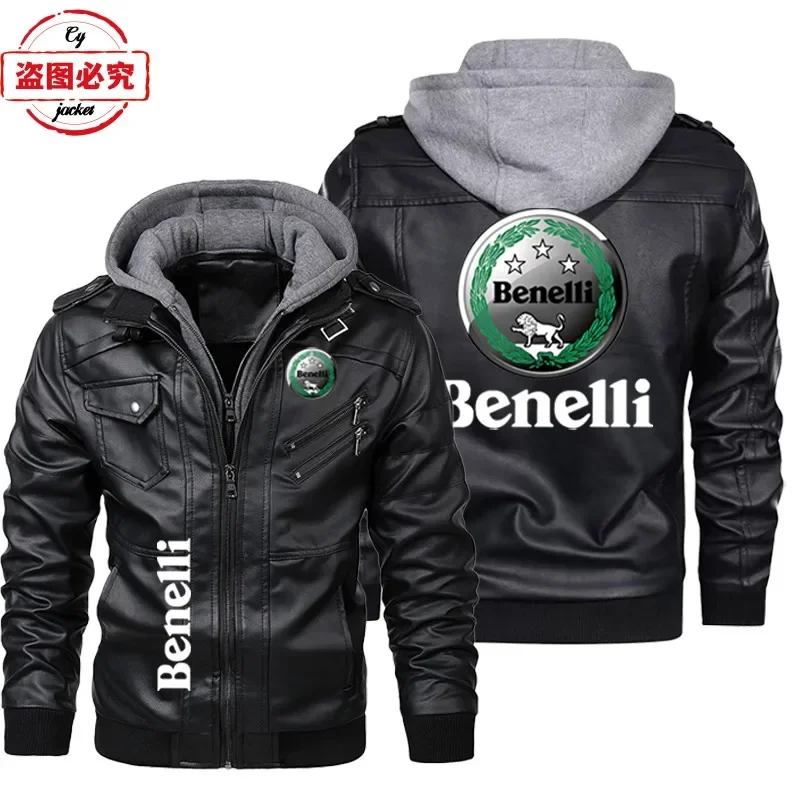 Benali Motorcycle Logo Leather Jacket Vintage Washed PU Leather Jacket Windproof Men's Hooded Jacket Team Outfit