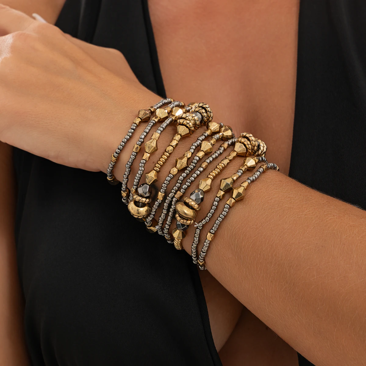 Salircon 10Pcs/Set Vintage Punk CCB Beaded Bracelet for Women Personalized Cool Stackable Bangles Fashion Jewelry Accessories