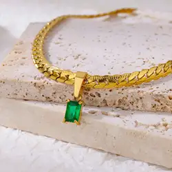 Green Cubic Zirconia Pendant Necklaces For Women Stainless Steel Chain Collar Necklace Fashion Temperament Jewelry