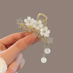 1pc Faux Pearls Tassel Hair Clip, Crystal Flower Hair Claw Small Grab Clip Crystal Flower Shape Metal Hair Clip For Women