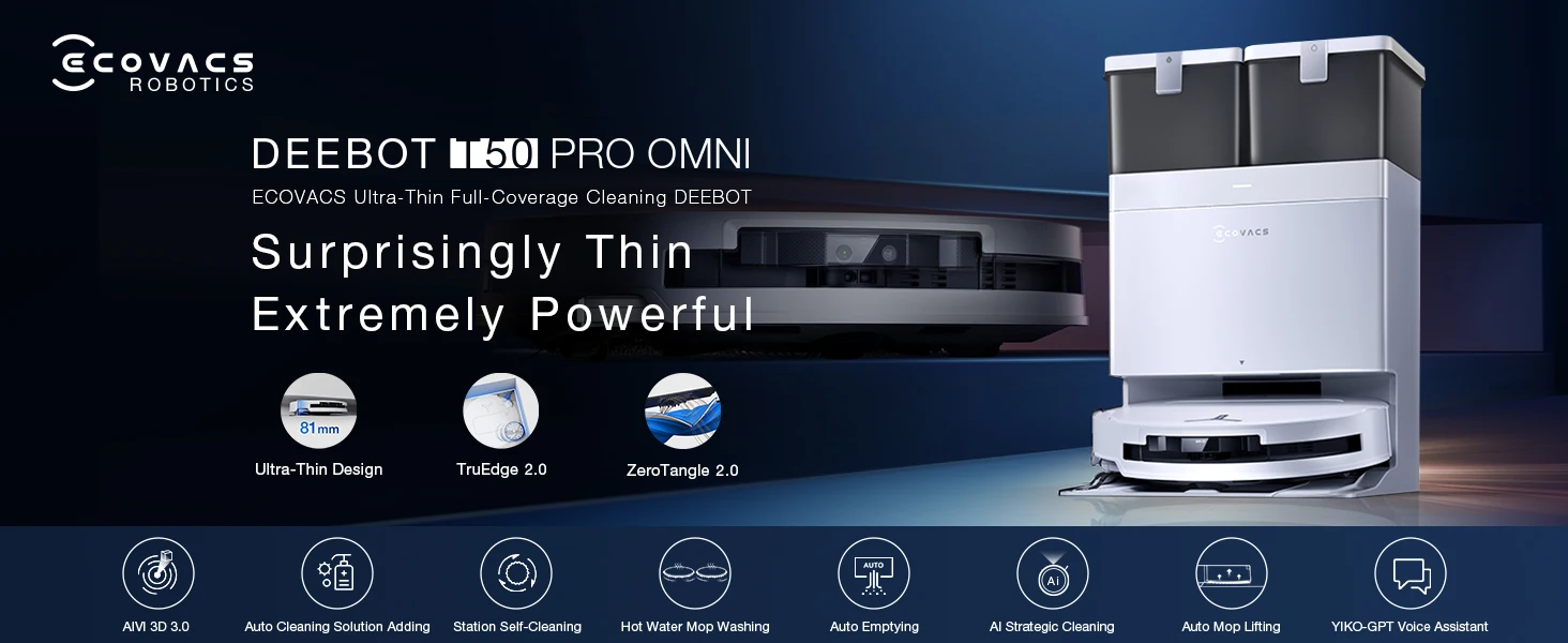 ECOVACS DEEBOT T50 PRO OMNI Robot Vacuum Cleaner Extend Side Brush and Mop 15,000Pa 75℃ Hot Water Mop Washing AIVI 3D 3.0, White