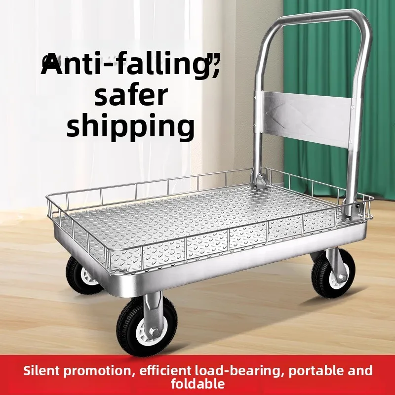 Raised flat cart with guardrail Folding trolley Small trolley Silent pull goods guardrail trucksturdy and durablesturdy durable