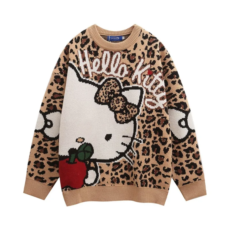 Hello Kitty Leopard Print Round Neck Loose Casual Knitted Sweater Women Autumn Winter Warm Knitted Top Academy Sweet Pullovers