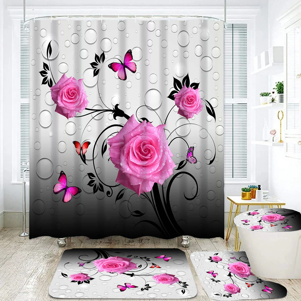 3D Butterfly Flower Fabric Waterproof Shower Curtain Bathroom Curtains Set Blue Pink Rose Non-Slip Rug Toilet Lid Cover Bath Mat