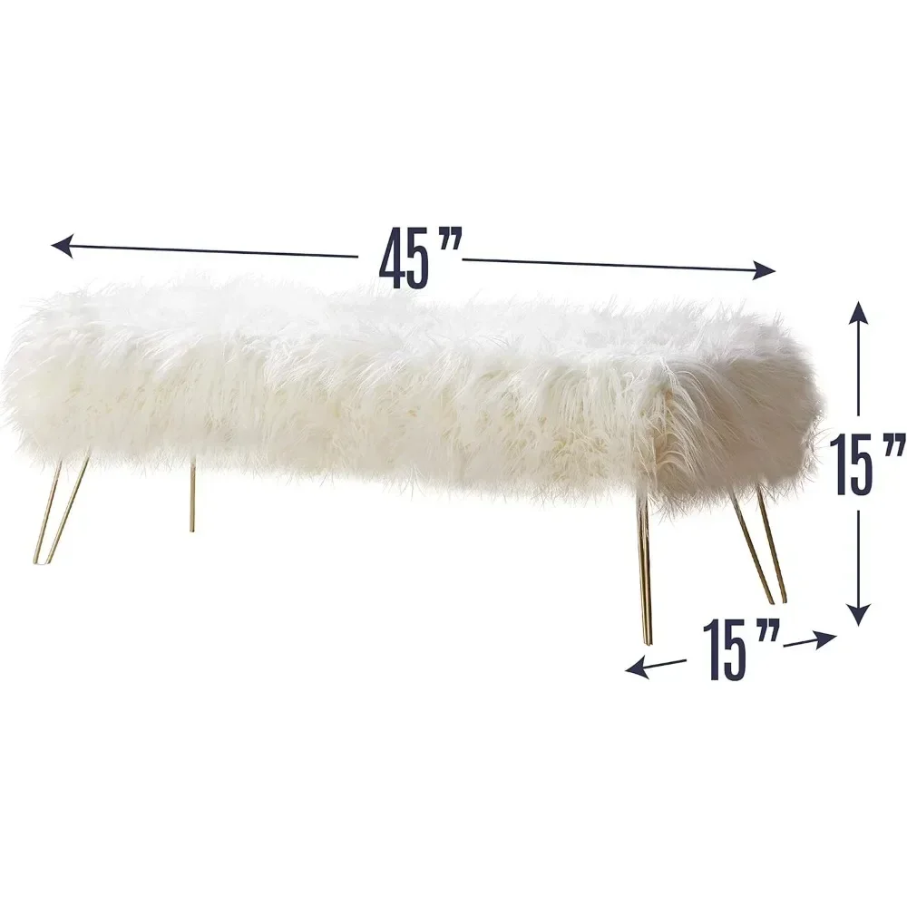 Modern Contemporary Faux Fur Long Bench Ottoman Foot Rest Stool/Seat with Gold Metal Legs - 15