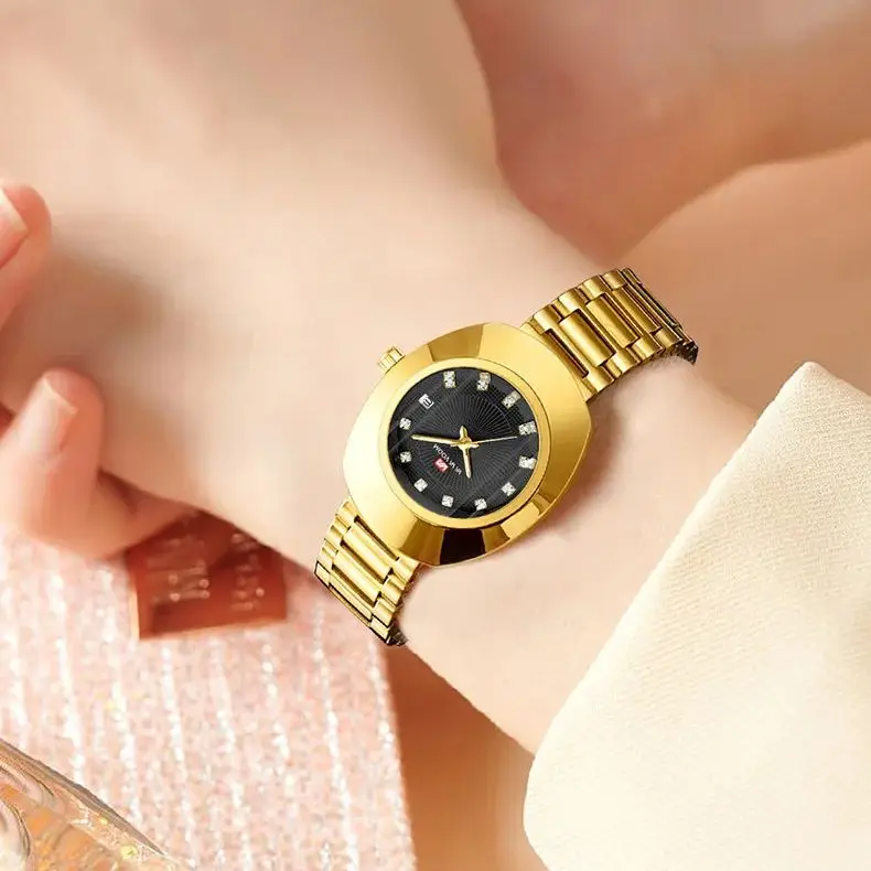 gold diamond waterproof business steel band women\'s watches for men Popular luxury oval unisex style couple quartz watch