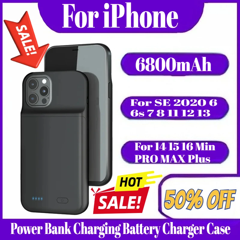 

Battery Case For iPhone SE 2020 6 6s 7 8 11 12 13 14 15 16 Min PRO MAX Plus Power Bank Charging Battery Charger Case 6800mAH