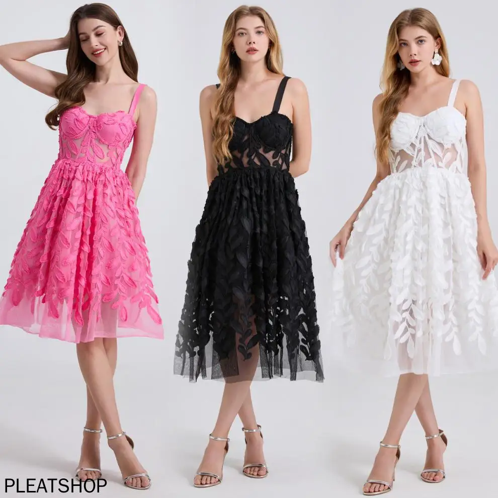 Vestido de malha de renda bordado resistente de três cores emagrecimento anéis de aço espinha de peixe alças halter sem alças e camadas grandes