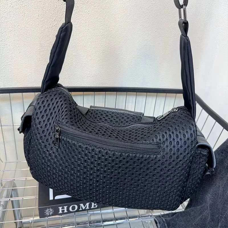 Casual women\'s mesh bag with real leather new crossbody large bag personalized bubble mesh shoulder bag simple commuter bags