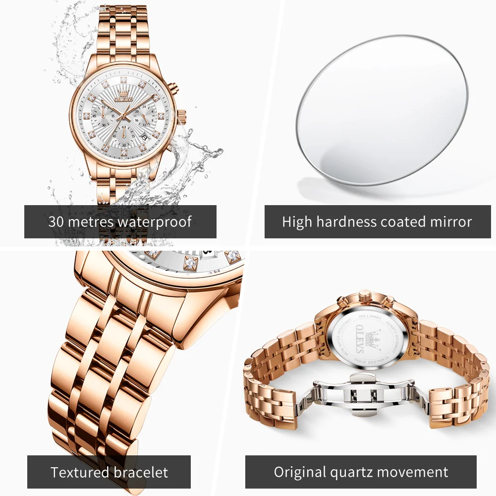 OLEVS 3669 Women's Watches Top Brand Luxury Rose Gold Original Quarzt Watch for Lady Waterproof Stainless Steel Chronograph Date
