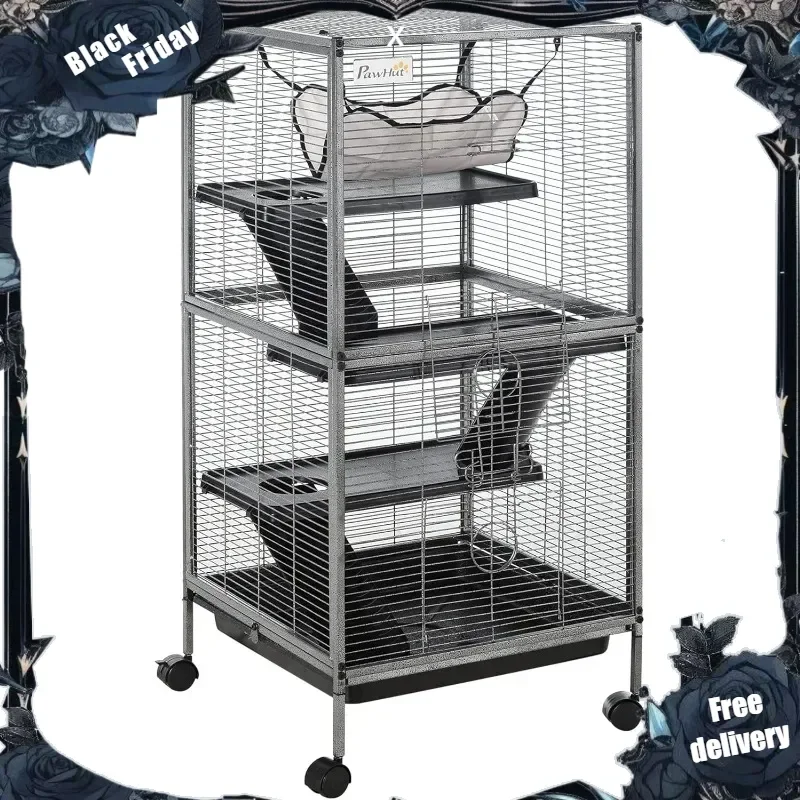 Metal Small Animal Cage Rolling Big Ferret Cage, Chinchilla Cage, Sugar Glider Cage, with Hammock