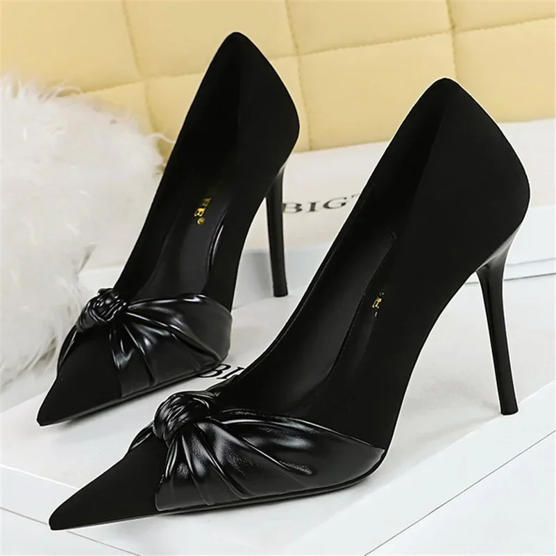 

Women 9.5cm High Heels Pumps Lady Butterfly Knot Bow Stiletto Heels Fashion Fetish Nightclub Office Korean Patchwork Party Shoes