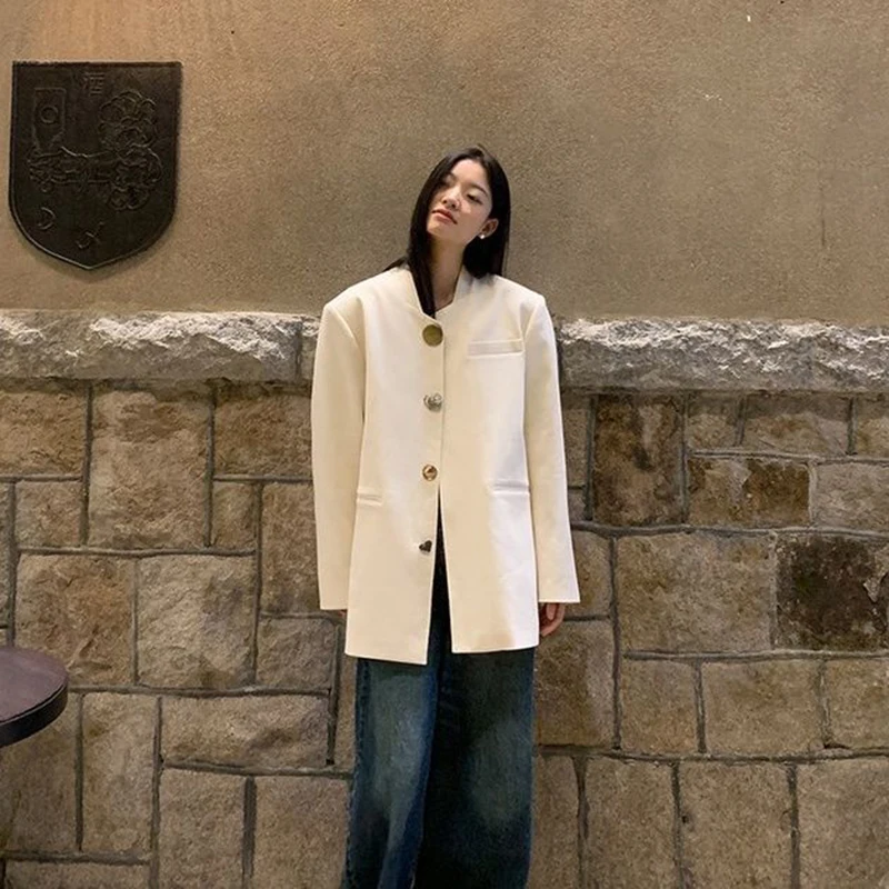 Women Casual Elegant Blazers Spring Fall Chic Button Solid Long Sleeve Suit Jacket Korean Simple Loose Office Lady Harajuku Coat