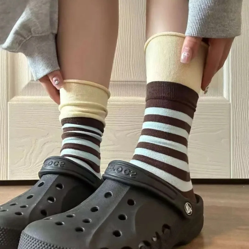 6 pairs Spring Autumn New Splicing Fashionable Versatile Stacked Socks Casual Comfortable Striped Middle Socks