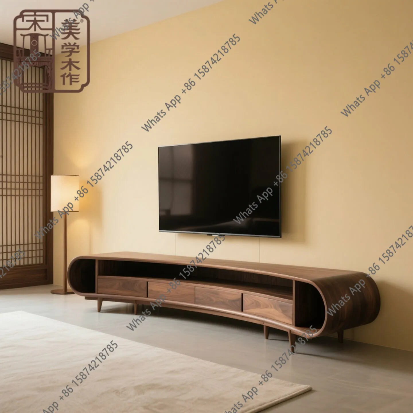 

Тумба под телевизор из массива североамериканского черного ореха, с каменной столешницей, в ретро-стиле, настенно-напольная, многофункциональная, для хранения вещей.