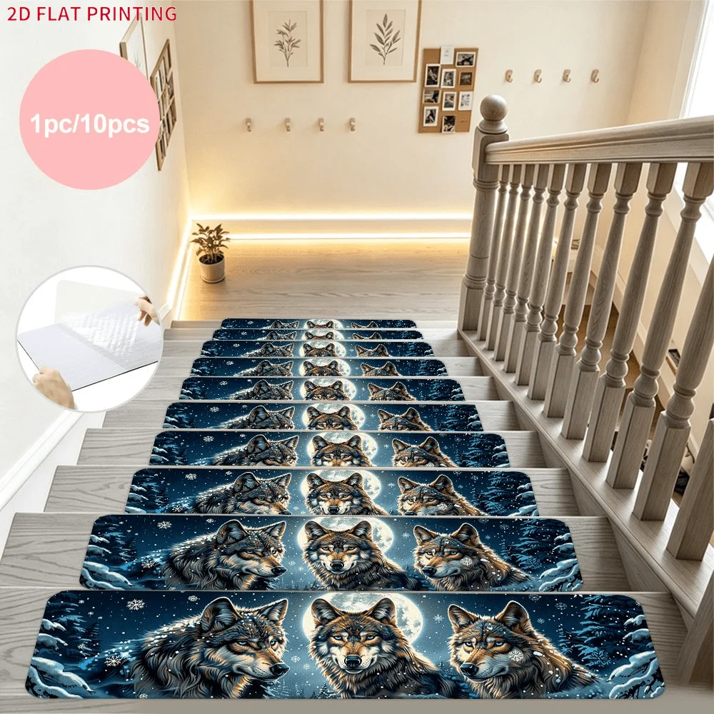 2D FLAT Printing Set of Stair Mats, Three Wolves Howling At Moon Snowy Night Scene, Easy to Clean Stair Tread Carpets