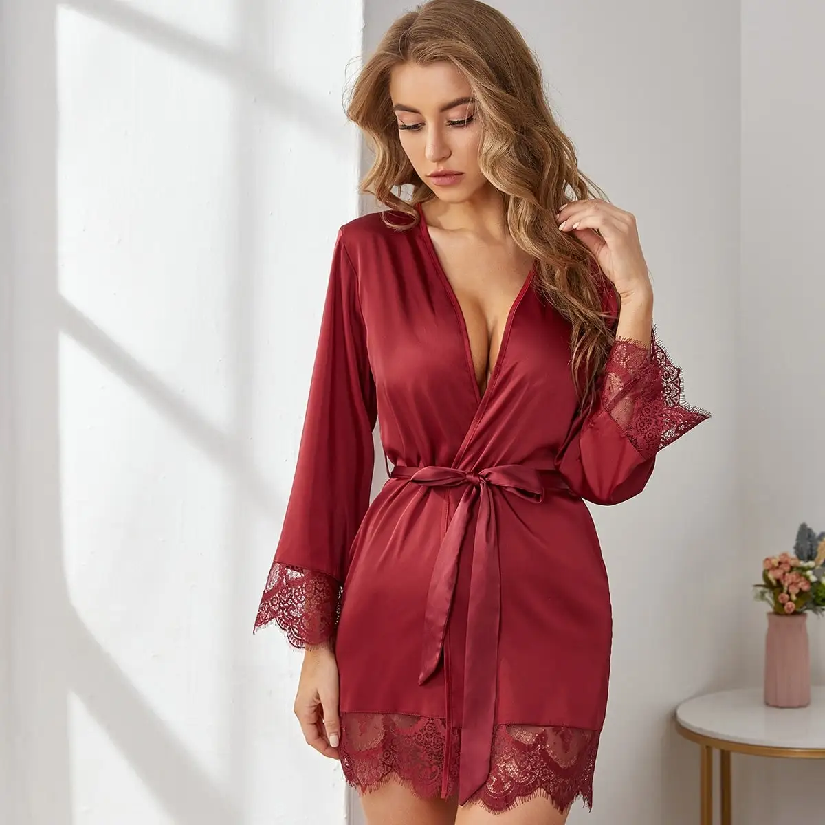 European and n sexy deep v pure color satin stitching lace cardigan robe simple and comfortable suit