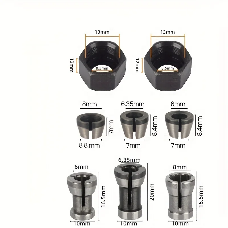 8-Piece Router and Engraving Machine Collet Extension Kit, 1/4 inch and 8mm Shank Woodworking Router Bit Chuck Set