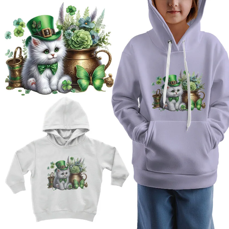 A cute little cat with a green hat Iron on Transfer Heat-sensitive Patches Application Stripes on Kids Clothes ironing Printing