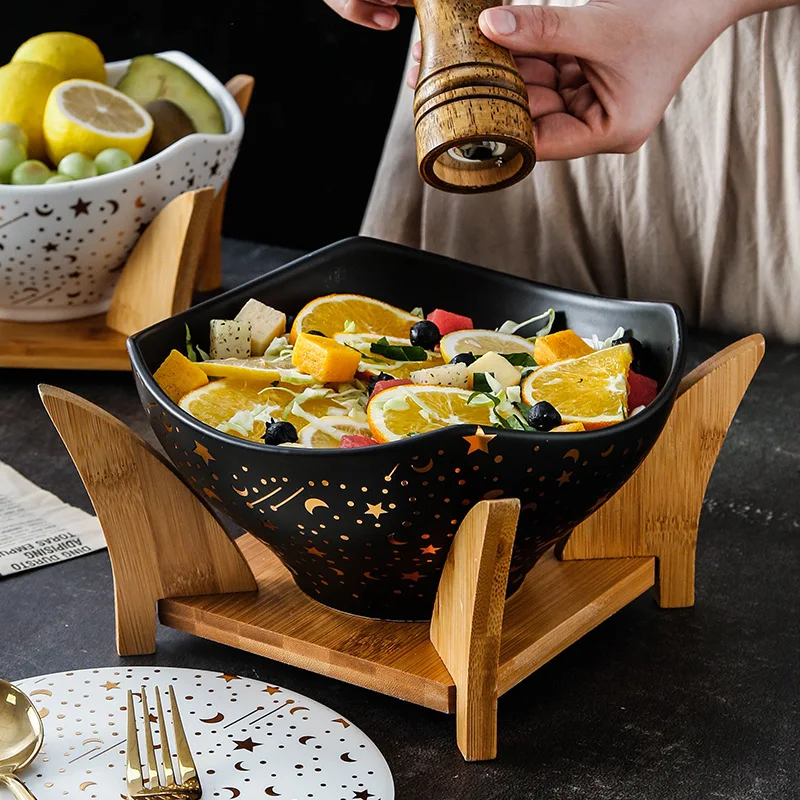 Nordic Ceramic Baking Bowl for Home Hotel Salad Pasta Soup Bowl with Wood Stand Moon Star Design Rustic Kitchenware