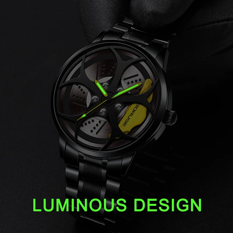 BORUSE Luxury Men\'s Fashion Car Wheel Watches Men Sports Waterproof Quartz Wristwatch Stainless Steel Wheel Hub Watch