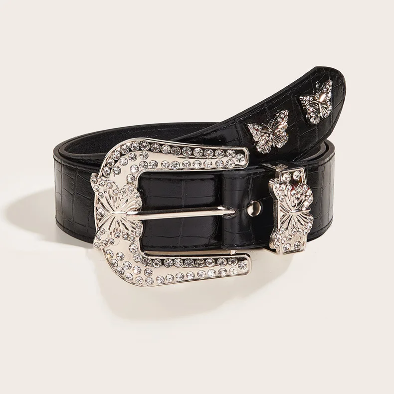 

PU Leather Strap for Rhinestone Belts Women's Adjustable Metal Buckle Waist Belt Western Cowboy Y2K Girls Fashion Belt for Jeans