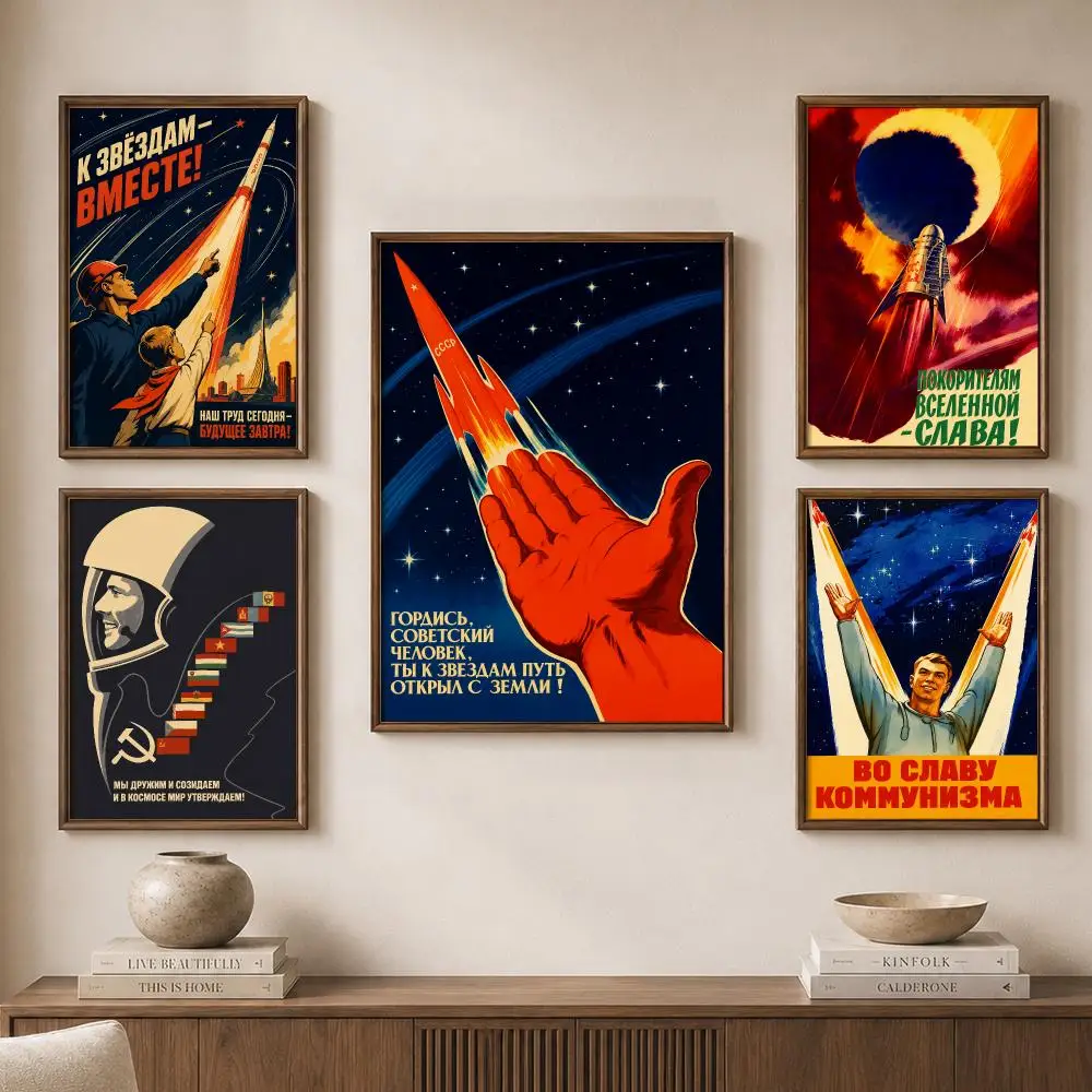 Soviet Space Age Rockets Cosmonauts Retro Propaganda Style Poster Modern Aesthetic Wall Art for Home Bar Cafe Bathroom Decor