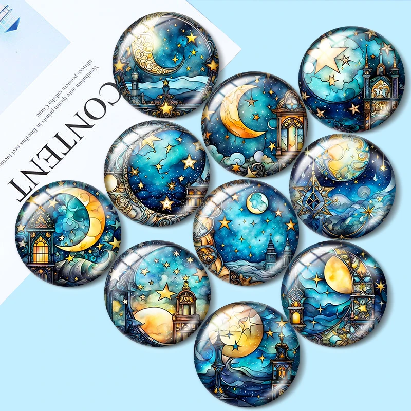 Akwarelowy Clipart magiczny księżyc 10 szt. 12mm/18mm/20mm/25mm okrągły szklany kaboszon demo z płaskim tyłem
