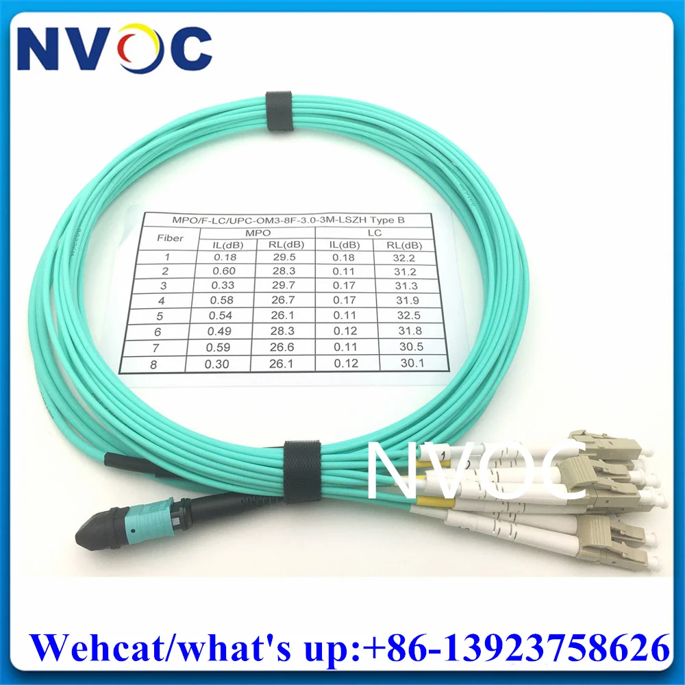 8C MPO/UPC Female-4*Duplex LC/UPC MM OM3-150,8F Mini Round 3.0mm Fan-out LSZH Aqua Fiber Optic Patch Cord Cable for 40G-Q-SR4E