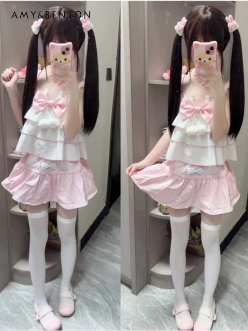 

Sweet Girl Daily Lolita Skirt Sets Cute Bow Multi-Layer Suspender Vest Mini Skirt Sexy Kawaii Two-piece Set Women Summer New