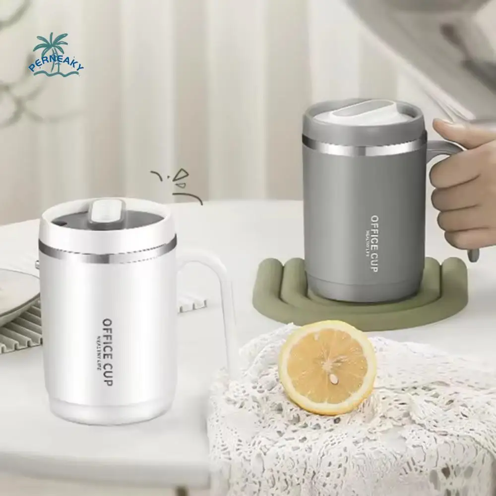 

Tumbler 500ML Coffee Mug with Handle Stainless Steel/Plastic Thermos Coffee Cup with Straw Hole Lid Insulated Drinking Cup Gift