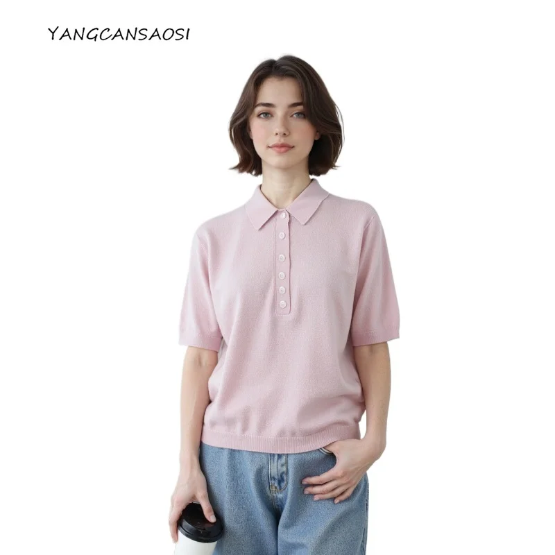 

2025 Women's Clothing Pullover Half Breasted POLO Collar 100% Wool Short Sleeved Solid Color Minimalist Bottoming Shirt