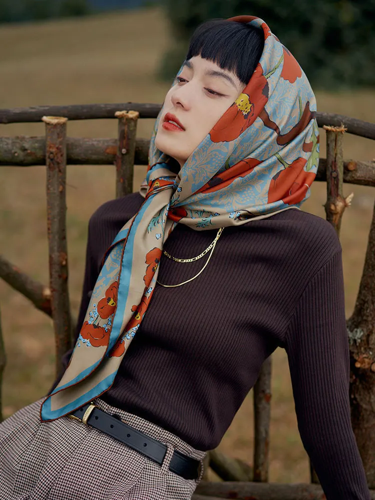 

Original Silk Scarf Large Square Print Design Slant Pattern Elegant Vintage Zhou Xiaodou Plant Beauty Seven Paeonia