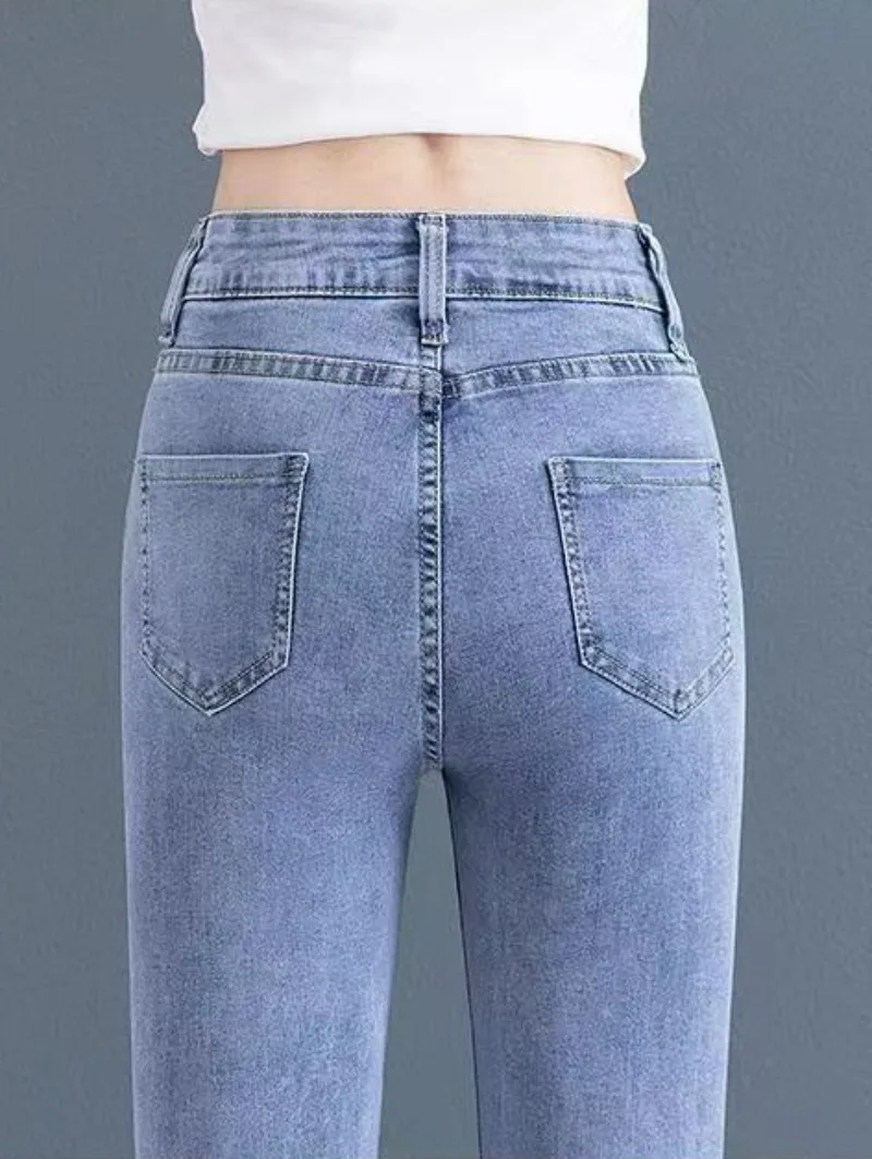 Women Light Blue Split Leg Pants Spring Autumn High Waist Split Button Pants Slim Casual Jeans New Fashion Denim Pant Trousers