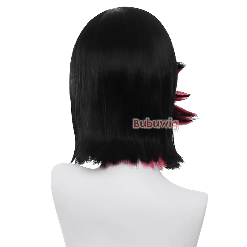 Bubuwig-Peluca de cabello sintético para Cosplay, cabellera artificial de 32cm, color negro, rojo mezclado, resistente al calor