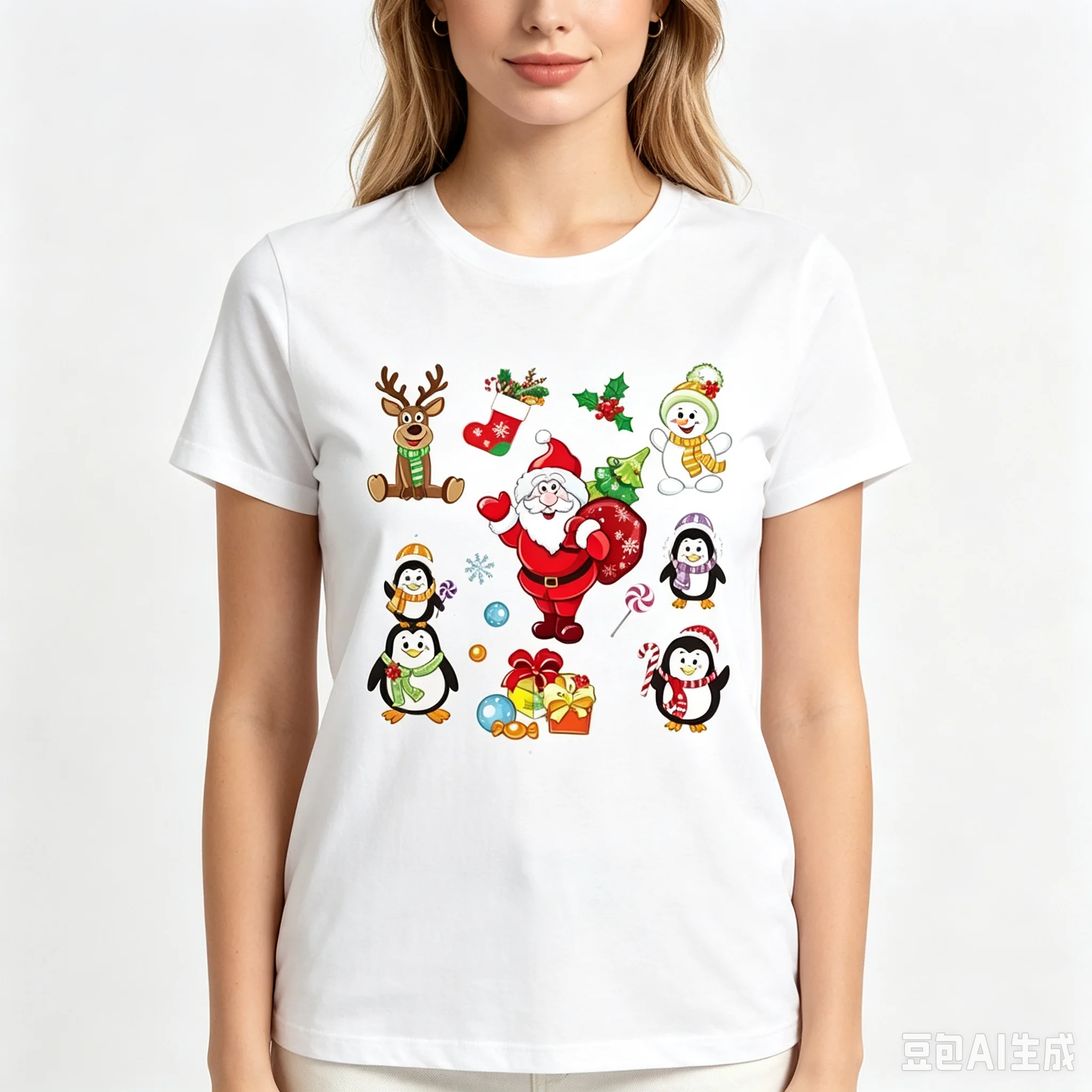 Women Christmas Santa Snowman Penguin Reindeer Graphic T-shirt Cute Xmas Cartoon Casual Short Sleeve Tee