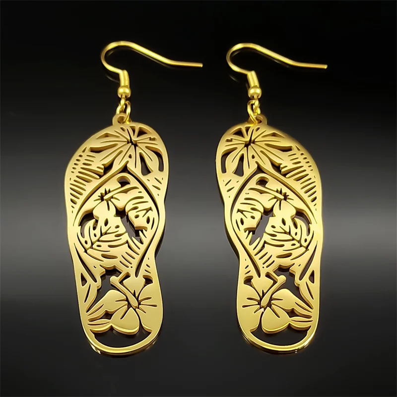 Flip Flops Shape Seaside Vacation Drop Earrings for Women Stainless Steel Gold Color Bohemia Flower Tree Dangle Earring Jewelry