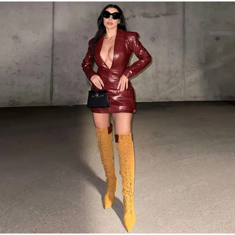 Sexy Burgundy Deep V Leather Mini Dress Women Lattice Shoulder Pads Long Sleeve High Waist Fold Dresses Lady Slim Short Robes