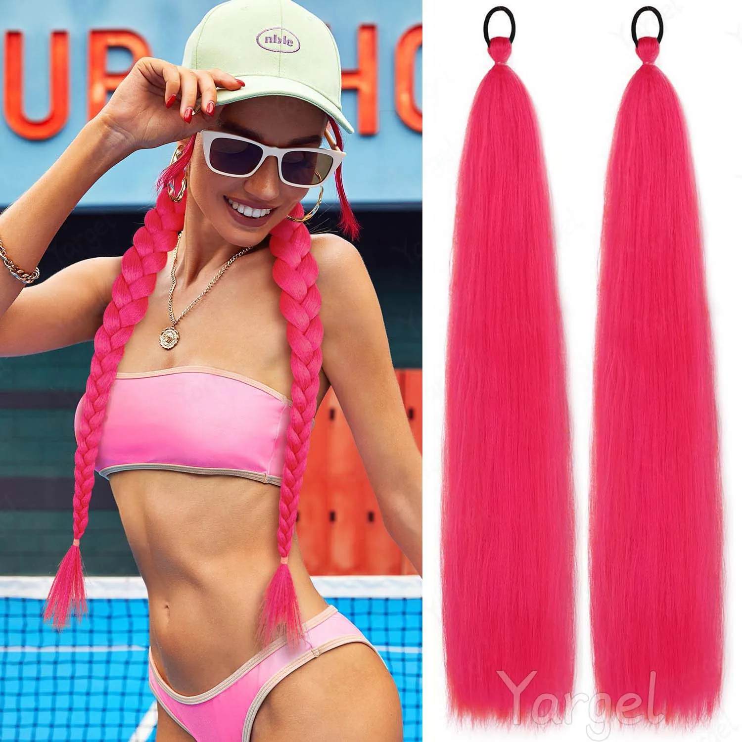 Synthetic 2 Pack Pink Braid Ponytail Extension with Elastic Tie Straight Sleek Wrap Around Braid Multi-colored Ponytail 26 Inch