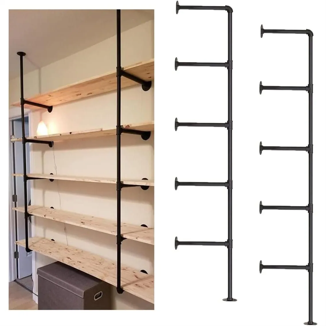 

Industrial Wall Mount Iron Pipe Shelf 5-Tier 68" Tall Hardware Only Black Vintage DIY Open Bookshelf Storage for Kitchen Living