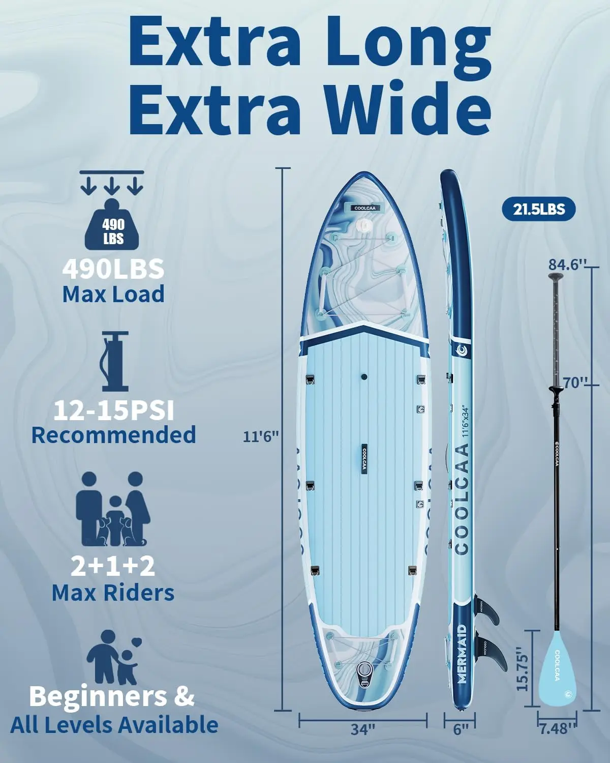 Extra Wide Inflatable Paddle Board, 490lbs Capacity Stable SUP for Family, Beginners & Dogs, Fishing Paddle Board with Premium