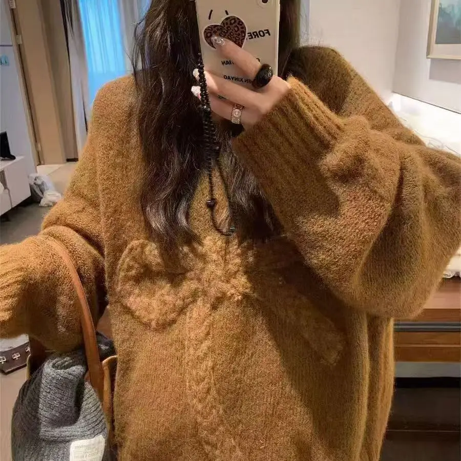 

2025 Women's Bow Detail Sweater Cable Knit Oversized Crewneck Fall Casual Pullover